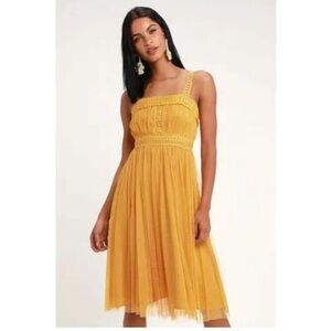 Lulus Forever Golden Yellow Chiffon Twirl Dotted Lace XL Dress